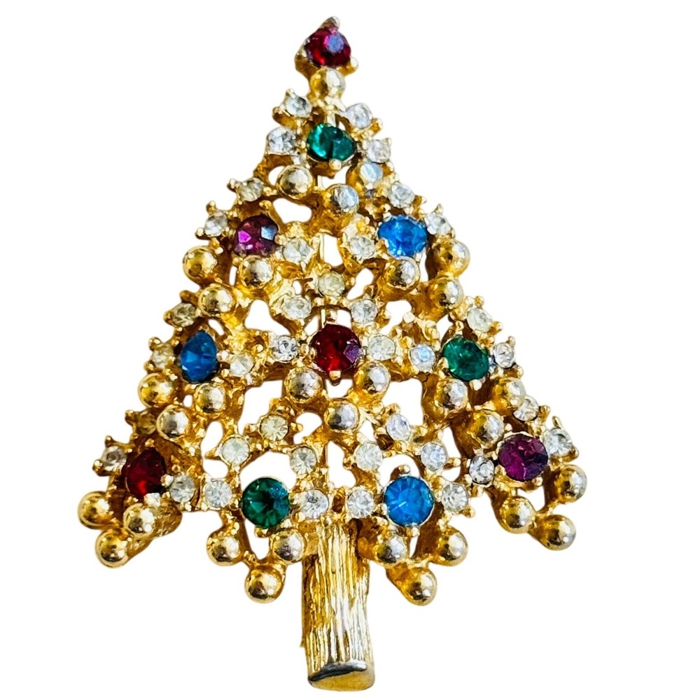 VTG Eisenberg Christmas Tree Pin Gold Tone Rhinestone jeweled Holiday retro 60s